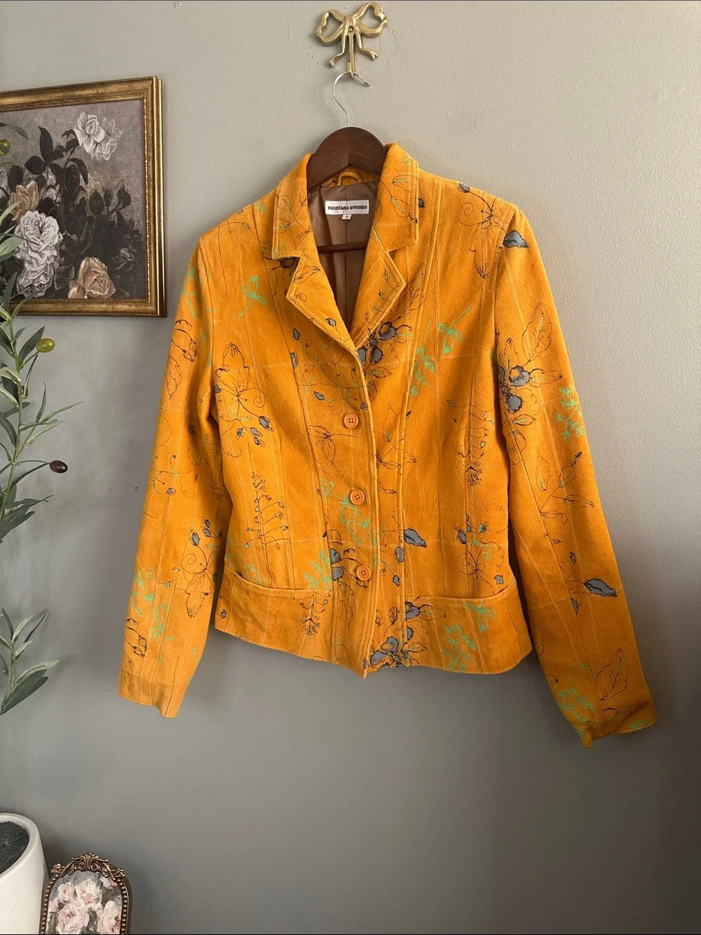 Montana Avenue Mustard Suede Feel Floral Jacket Small Boho Vintage